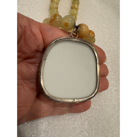 Chinese Porcelain Shard Sterling Square Pendant 20" Beaded Necklace Green Onyx - Picture 4 of 8